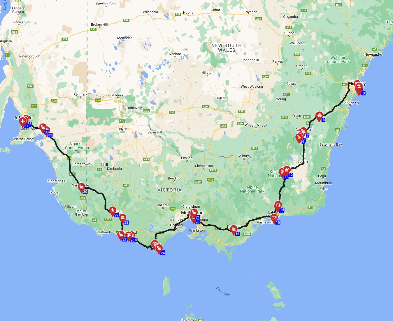 Map for Sydney to Adelaide